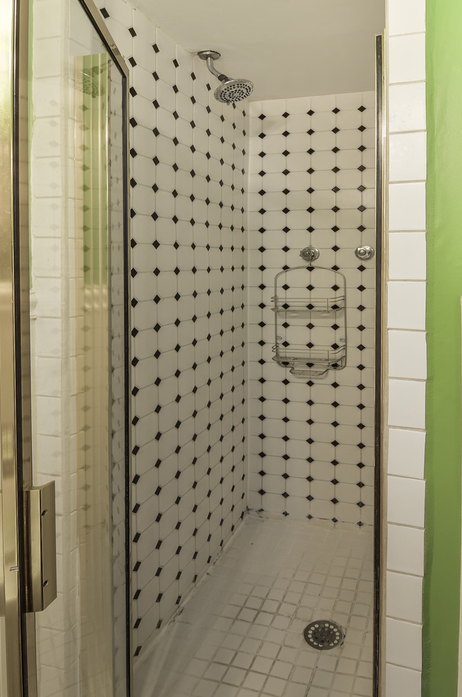 Deep black and white tiled walk in shower with glass door