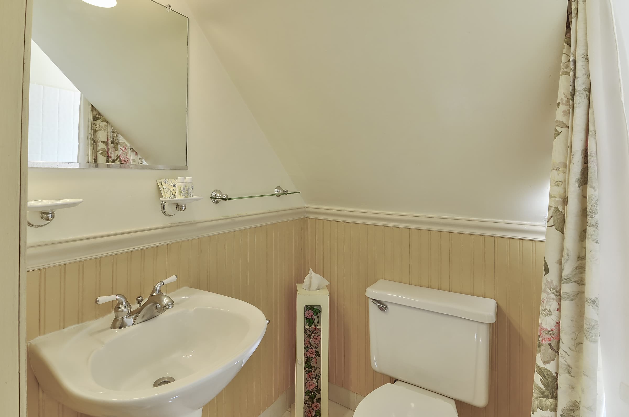A small, well-lit bathroom featuring a sink, toilet, and floral shower curtain.